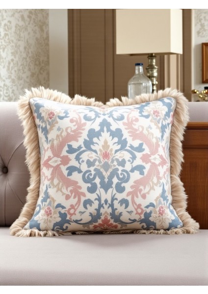 Ingiliz Tarzı Klasik Desenli Dekoratif Saçaklı Dolgulu Yastık Hediye Pamuk Kırlent Minder 43X43 cm
