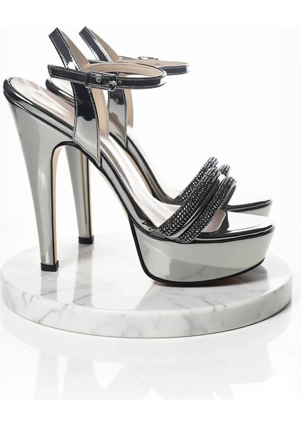 Kadın Moda Şık Platin Ayna Double Taş Topuklu Zarif Tasarım Düğün Nişan Gece Abiye Ayakkabı