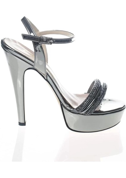 Kadın Moda Şık Platin Ayna Double Taş Topuklu Zarif Tasarım Düğün Nişan Gece Abiye Ayakkabı