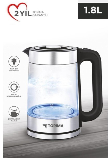 Şeffaf Cam Ledli 1500W Su Isıtıcı, 1.8l, Beyaz Renk