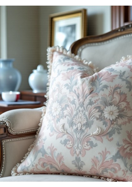 Ingiliz Tarzı Klasik Desenli Dekoratif Saçaklı Dolgulu Yastık Hediye Pamuk Kırlent Minder 43X43 cm