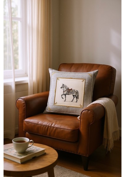 Dekoratif Çerçeveli At Desenli Dolgulu Yastık Hediye Pamuk Kırlent Minder 43X43 cm