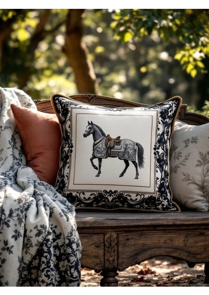Dekoratif Çerçeveli At Desenli Dolgulu Yastık Hediye Pamuk Kırlent Minder 43X43 cm