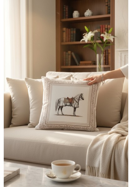Dekoratif Çerçeveli At Desenli Dolgulu Yastık Hediye Pamuk Kırlent Minder 43X43 cm fiyatları