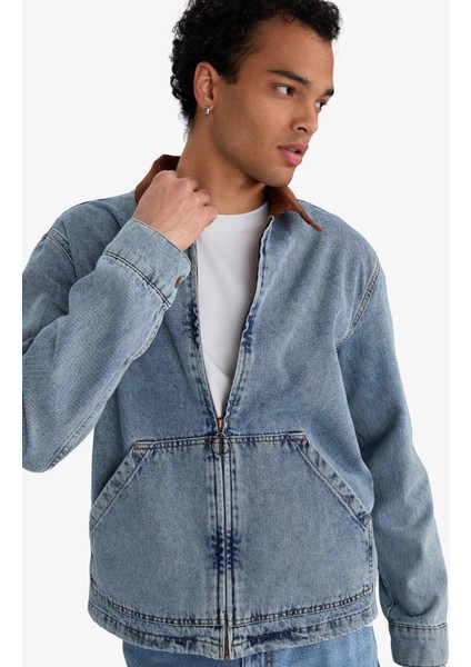 Relax Fit Kontrast Yaka Düğmeli Denim Ceket F8308AX25AU indirimleri