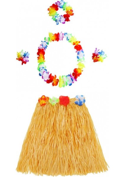Yetişkin ve Çocuk Uyumlu Luau Aloha Hawaii Turuncu Etek ve Renkli Kolye Taç 2 Adet Bileklik Seti