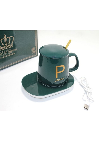 Yeşil Porselen Kupa, Kapaklı ve Kaşıklı Elektrikli Isıtıcı ile Konfor Sunar