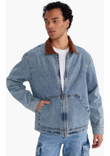 Relax Fit Kontrast Yaka Düğmeli Denim Ceket F8308AX25AU fırsatları