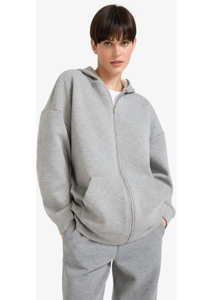 Oversize Geniş Kalıp Kapüşonlu Skuba Dalgıç Kumaş Hırka C6871AX25AU