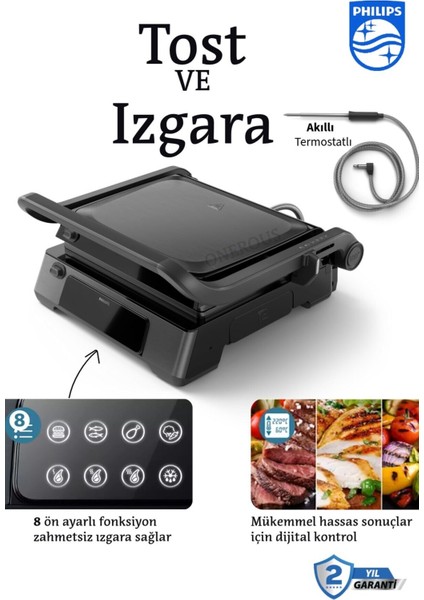 8 Ön Ayarlı Dijital Kontrol Termostatlı Izgara ve Tost Makinesi Siyah