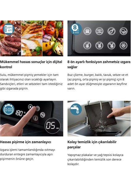 8 Ön Ayarlı Dijital Kontrol Termostatlı Izgara ve Tost Makinesi Siyah