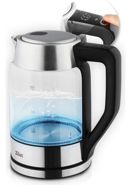 Dijital Cam Su Isıtıcı 1.7l 2200W Ayarlanabilir Isı Çift Cam Gri