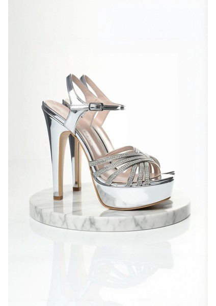 Kadın Moda Şık Gümüş Ayna Çapraz Topuklu Zarif Tasarım Düğün Nişan Gece Abiye Ayakkabı
