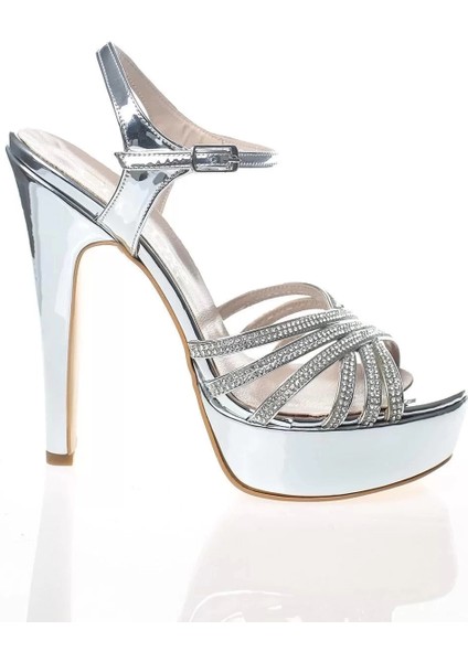 Kadın Moda Şık Gümüş Ayna Çapraz Topuklu Zarif Tasarım Düğün Nişan Gece Abiye Ayakkabı