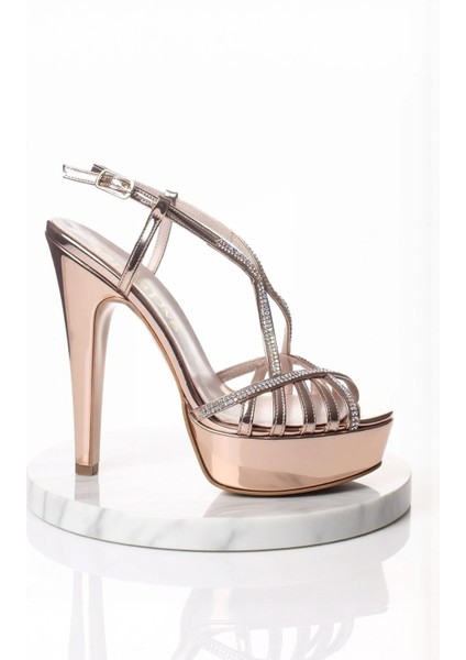 Kadın Moda Şık Gold Ayna Dekolte Taşlı Topuklu Zarif Tasarım Düğün Nişan Gece Abiye Ayakkabı