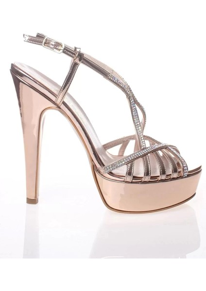 Kadın Moda Şık Gold Ayna Dekolte Taşlı Topuklu Zarif Tasarım Düğün Nişan Gece Abiye Ayakkabı