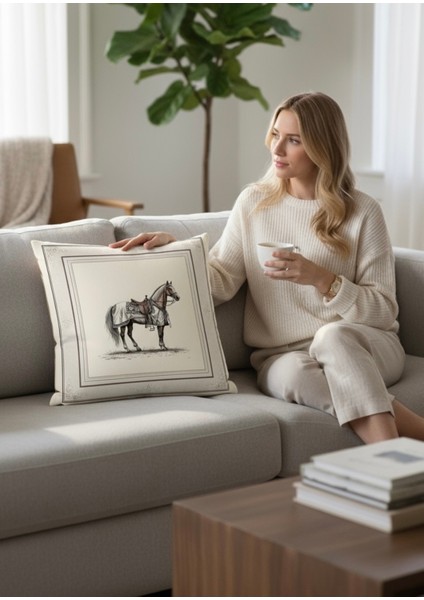 Dekoratif Çerçeveli At Desenli Dolgulu Yastık Hediye Pamuk Kırlent Minder 43X43 cm