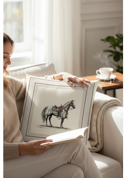 Dekoratif Çerçeveli At Desenli Dolgulu Yastık Hediye Pamuk Kırlent Minder 43X43 cm fiyatları