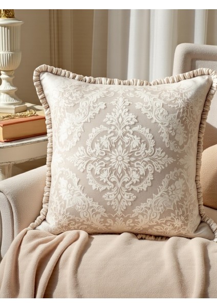 Ingiliz Tarzı Klasik Desenli Dekoratif Saçaklı Dolgulu Yastık Hediye Pamuk Kırlent Minder 43X43 cm