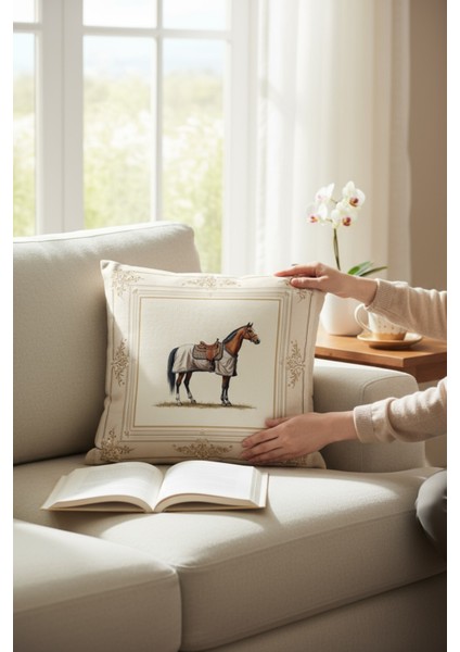 Dekoratif Çerçeveli At Desenli Dolgulu Yastık Hediye Pamuk Kırlent Minder 43X43 cm