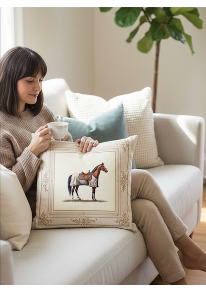 Dekoratif Çerçeveli At Desenli Dolgulu Yastık Hediye Pamuk Kırlent Minder 43X43 cm fiyatları