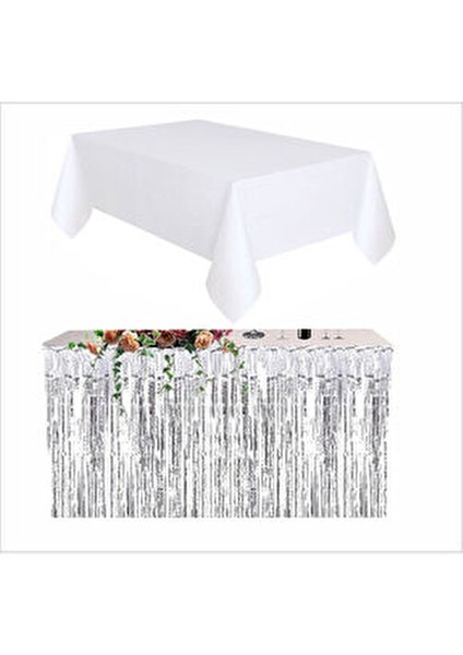 Beyaz Masa Örtüsü ve Gümüş Masa Eteği 120x180 cm 70 cm Yükseklikli Püsküllü modelleri