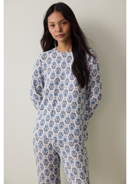 Çiçek Baskılı Tea Time Termal Etkili Sweatshirt Pijama Üstü
