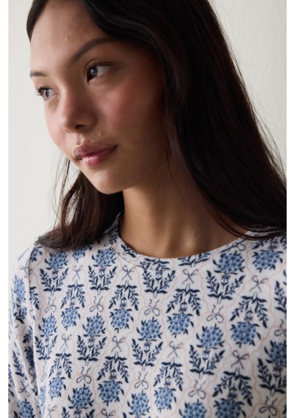 Çiçek Baskılı Tea Time Termal Etkili Sweatshirt Pijama Üstü modelleri