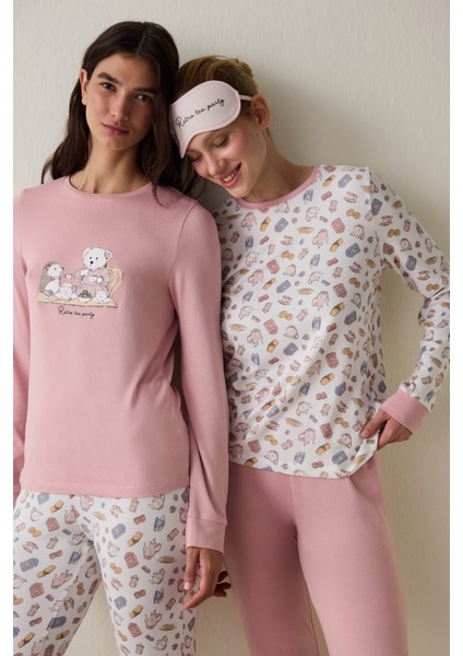 Tea Party Baskılı Bisiklet Yaka Uzun Kollu Pijama Üstü