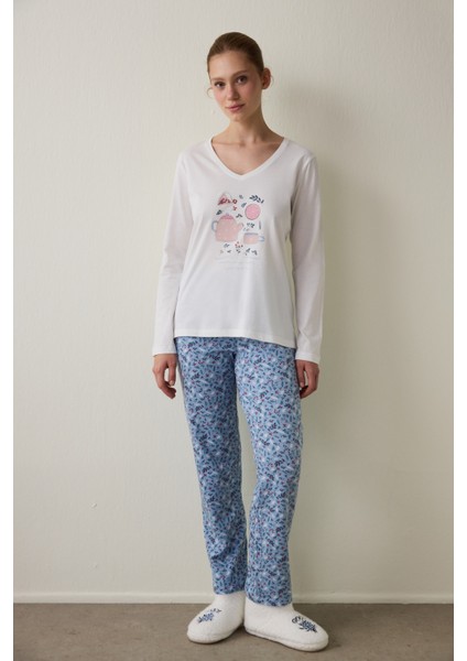 Cup of Tea Desenli V Yaka Pamuklu Uzun Kollu Pijama Takımı