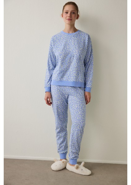 Mavi Çiçek Desenli Bisiklet Yaka Uzun Kollu Pijama Takımı