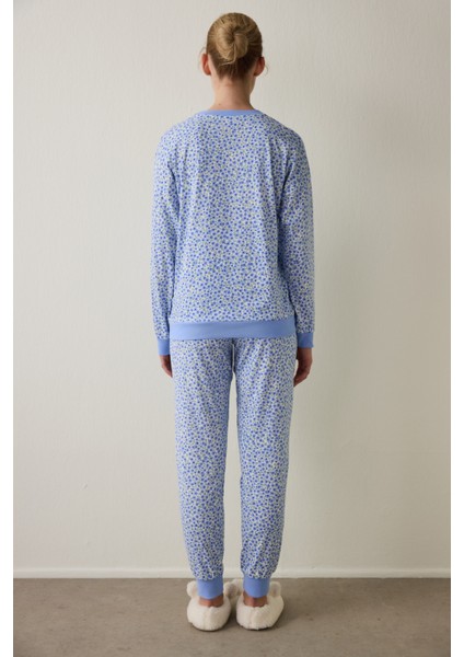 Mavi Çiçek Desenli Bisiklet Yaka Uzun Kollu Pijama Takımı fırsatları