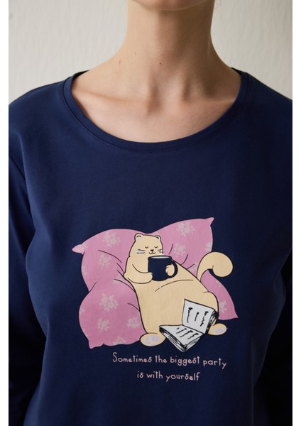 İndigo Sleepy Cat Bisiklet Yaka Pamuklu Uzun Kollu Pijama Takımı modelleri