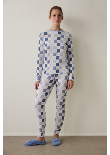 Açık Mavi Ekoseli Uzun Kollu Pijama Takımı