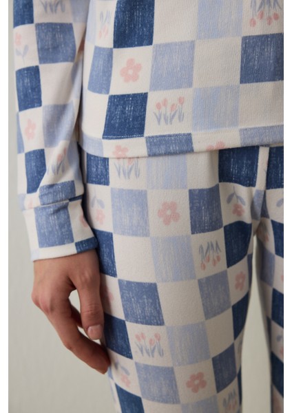 Açık Mavi Ekoseli Uzun Kollu Pijama Takımı modelleri
