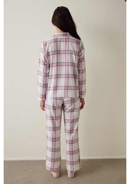 Pembe Ekoseli Gömlek Yaka Pamuklu Uzun Kollu Pijama Takımı fırsatları