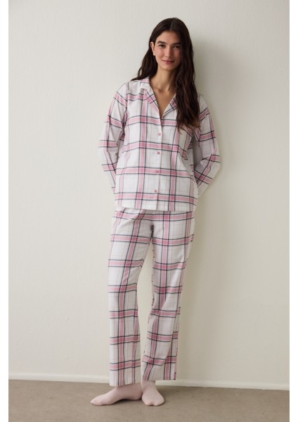 Pembe Ekoseli Gömlek Yaka Pamuklu Uzun Kollu Pijama Takımı