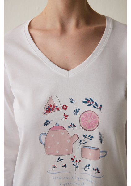 Cup of Tea Desenli V Yaka Pamuklu Uzun Kollu Pijama Takımı modelleri