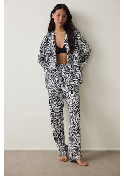 Kırık Beyaz Angie Çizgili Gömlek Yaka Uzun Kollu Pijama Takımı