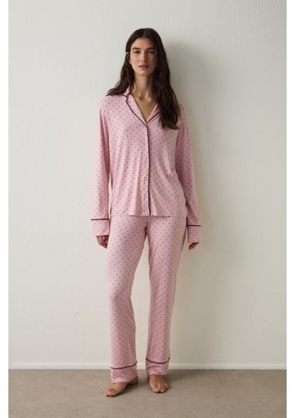Pembe Puantiyeli Oversize Gömlek Yaka Pijama Takımı