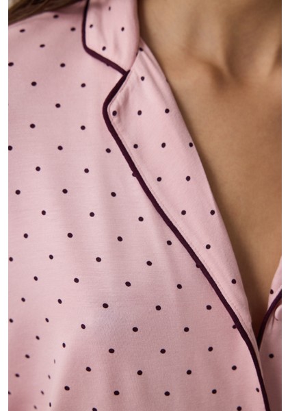 Pembe Puantiyeli Oversize Gömlek Yaka Pijama Takımı modelleri