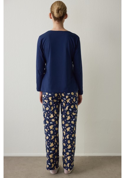 İndigo Sleepy Cat Bisiklet Yaka Pamuklu Uzun Kollu Pijama Takımı fırsatları