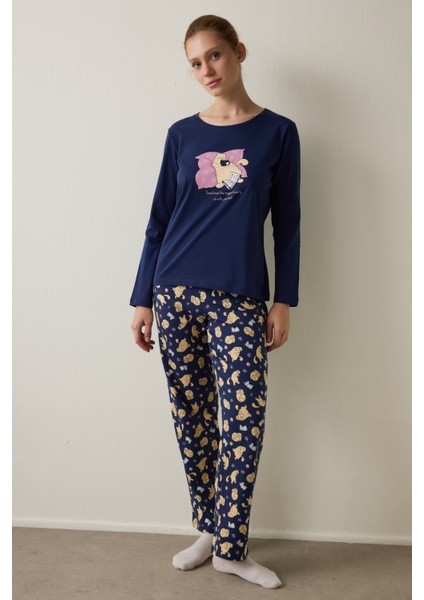 İndigo Sleepy Cat Bisiklet Yaka Pamuklu Uzun Kollu Pijama Takımı