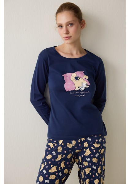 İndigo Sleepy Cat Bisiklet Yaka Pamuklu Uzun Kollu Pijama Takımı fiyatları