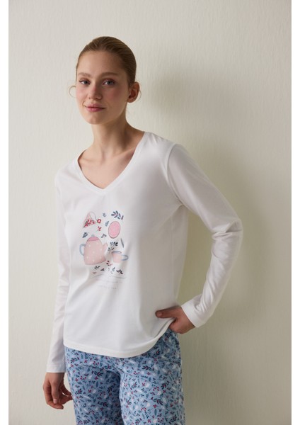 Cup of Tea Desenli V Yaka Pamuklu Uzun Kollu Pijama Takımı fiyatları