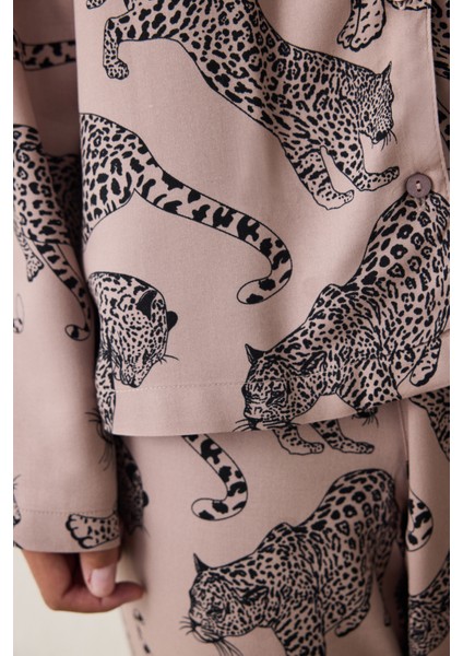 Koyu Bej Eva Kaplan Desenli Gömlek Yaka Pijama Takımı modelleri