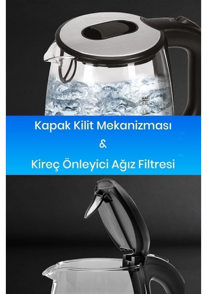 Inox Çelik 2200W Cam Kettle, 1.7l, Işıklı, Estetik ve Güçlü Su Isıtıcı fiyatları