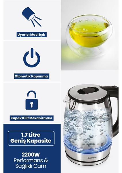 Inox Çelik 2200W Cam Kettle, 1.7l, Işıklı, Estetik ve Güçlü Su Isıtıcı fırsatları