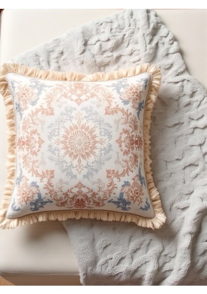 Ingiliz Tarzı Klasik Desenli Dekoratif Saçaklı Dolgulu Yastık Hediye Pamuk Kırlent Minder 43X43 cm