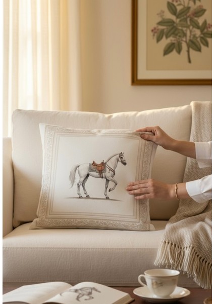 Dekoratif Çerçeveli At Desenli Dolgulu Yastık Hediye Pamuk Kırlent Minder 43X43 cm